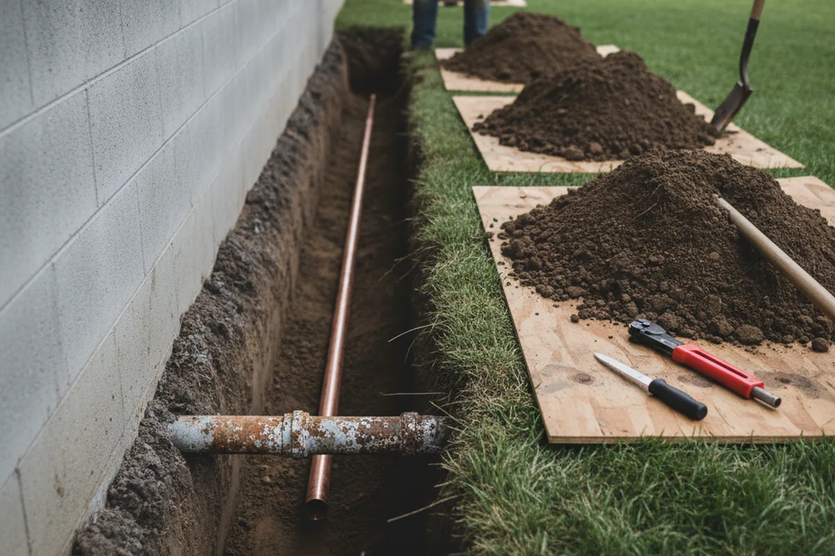 Excavated water line trench during Water Heater Repair in Flanders
